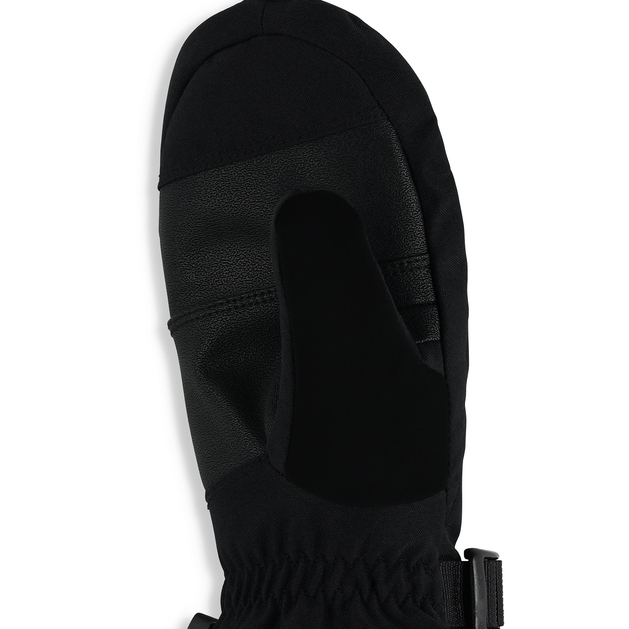 Spyder Girls' Finn Ski Mitt - Black mitt with textured black leather palm and thumb, black fleece back, and black strap on wrist.