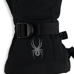 Spyder Girls' Finn Ski Mitt - A black mitt with a white spider logo on the back of one hand, featuring a strap closure and a textured palm for grip.