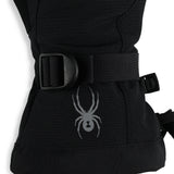 Spyder Girls' Finn Ski Mitt - A black mitt with a white spider logo on the back of one hand, featuring a strap closure and a textured palm for grip.
