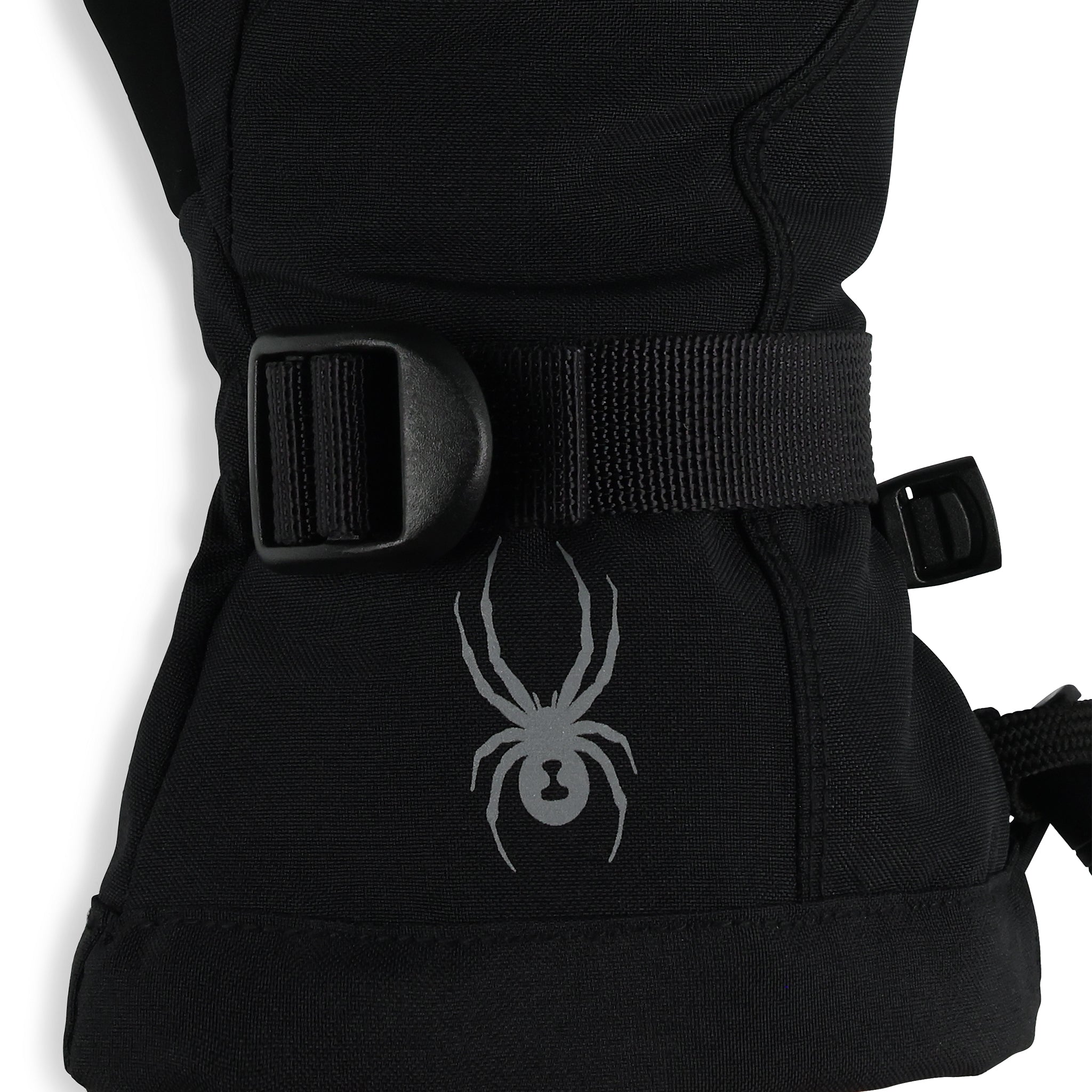 Spyder Girls' Finn Ski Mitt - A black mitt with a white spider logo on the back of one hand, featuring a strap closure and a textured palm for grip.