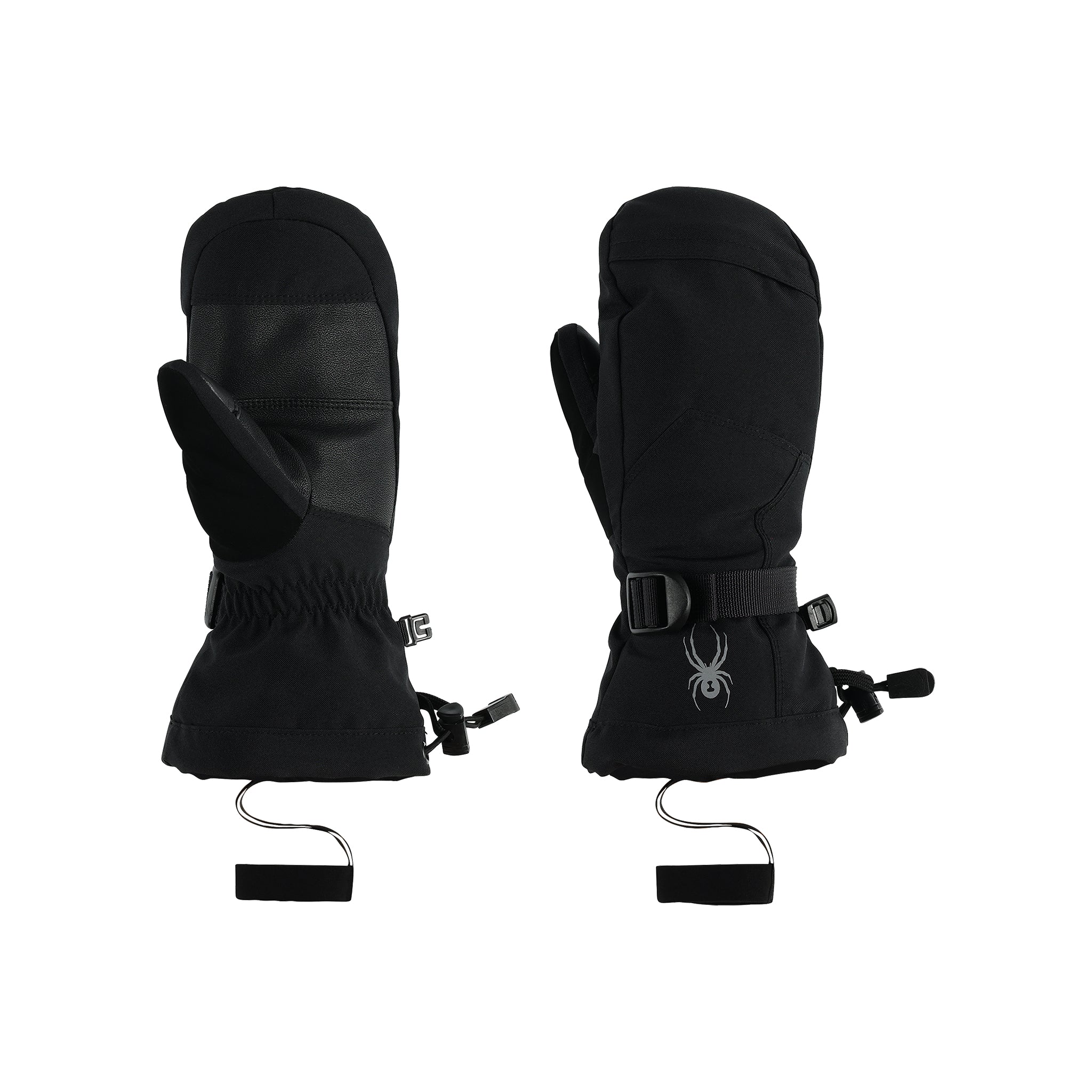Spyder Girls' Finn Ski Mitt - Black mittens with a textured pattern on the back of the hand and black straps at the wrist.
