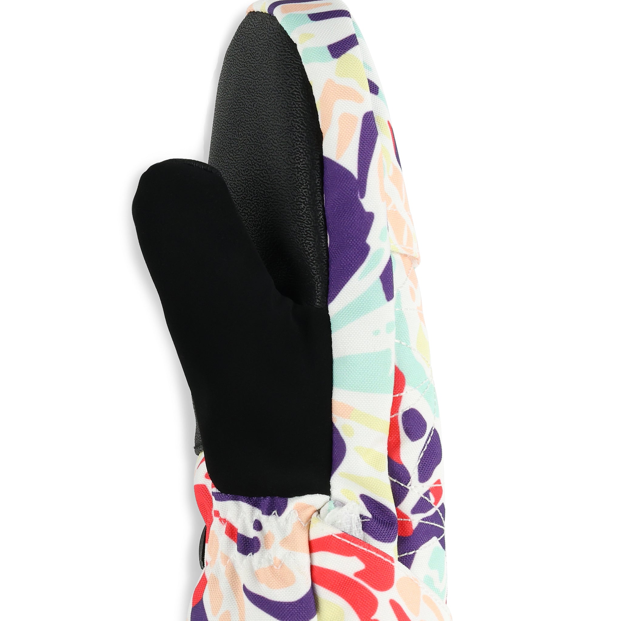 Spyder Girls' Cubby Ski Mitt 2025 - A black, purple, and pink mitt with a white background and abstract shapes.