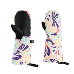 Spyder Girls' Cubby Ski Mitt - A pair of mittens with a purple, red, and green abstract pattern on a white background.
