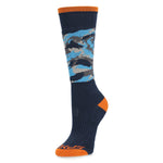 Spyder Boys' Sweep Ski Socks 2025 - A pair of navy blue ski socks with a light blue and gray pattern on the top portion.