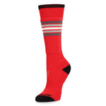 Spyder Boys' Sweep Ski Socks 2025 - Red ski socks with gray and white stripes on top cuff.