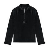 Spyder Junior Girls' Shimmer Bug 1/2 Zip 2025 - A black zip-up jacket with a shiny, sparkly pattern on the front.