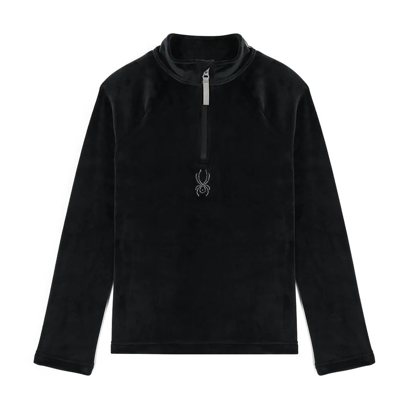 Spyder Junior Girls' Shimmer Bug 1/2 Zip 2025 - A black zip-up jacket with a shiny, sparkly pattern on the front.