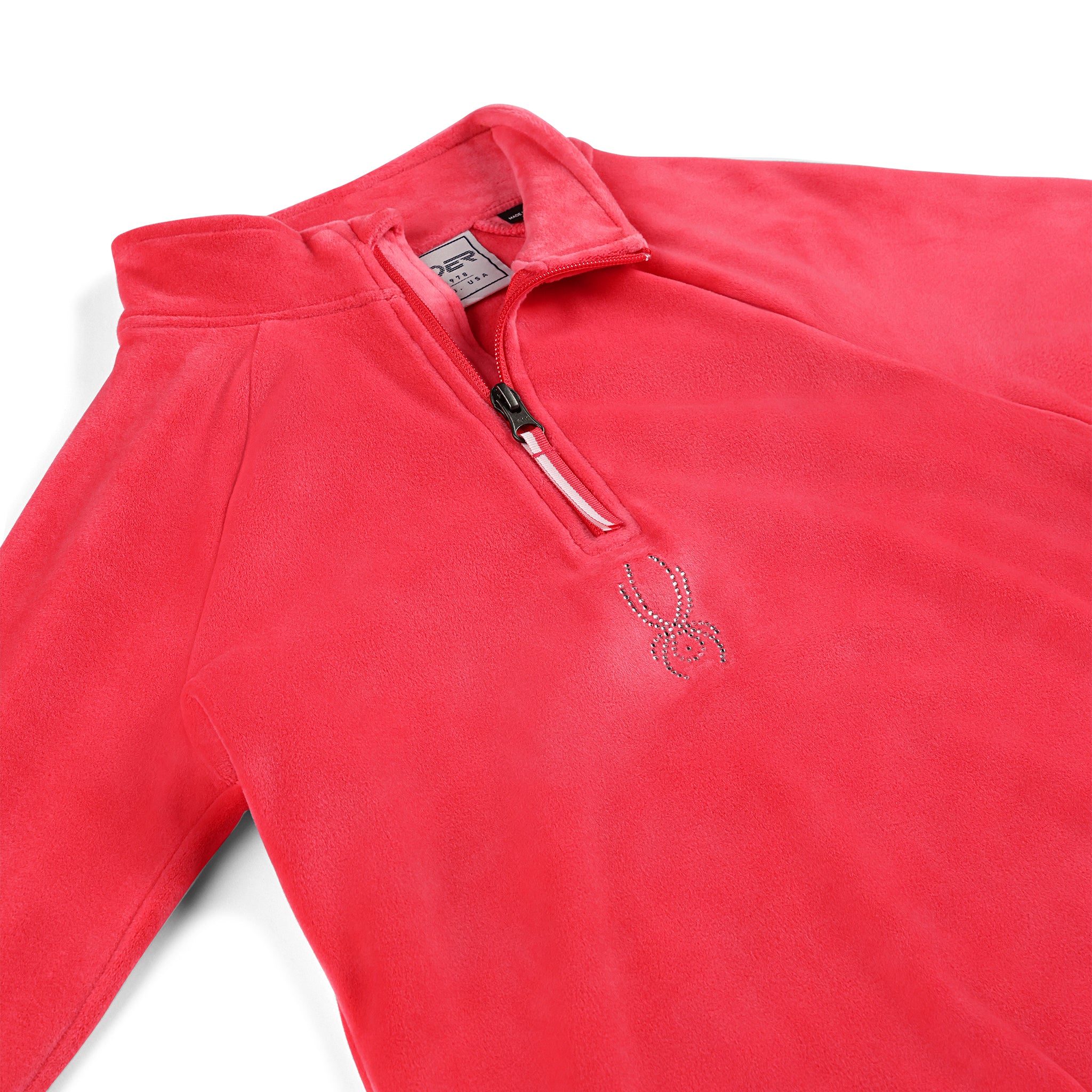 Spyder Junior Girls' Shimmer Bug 1/2 Zip 2025 - A pink fleece jacket with a zipper and a logo on the chest.
