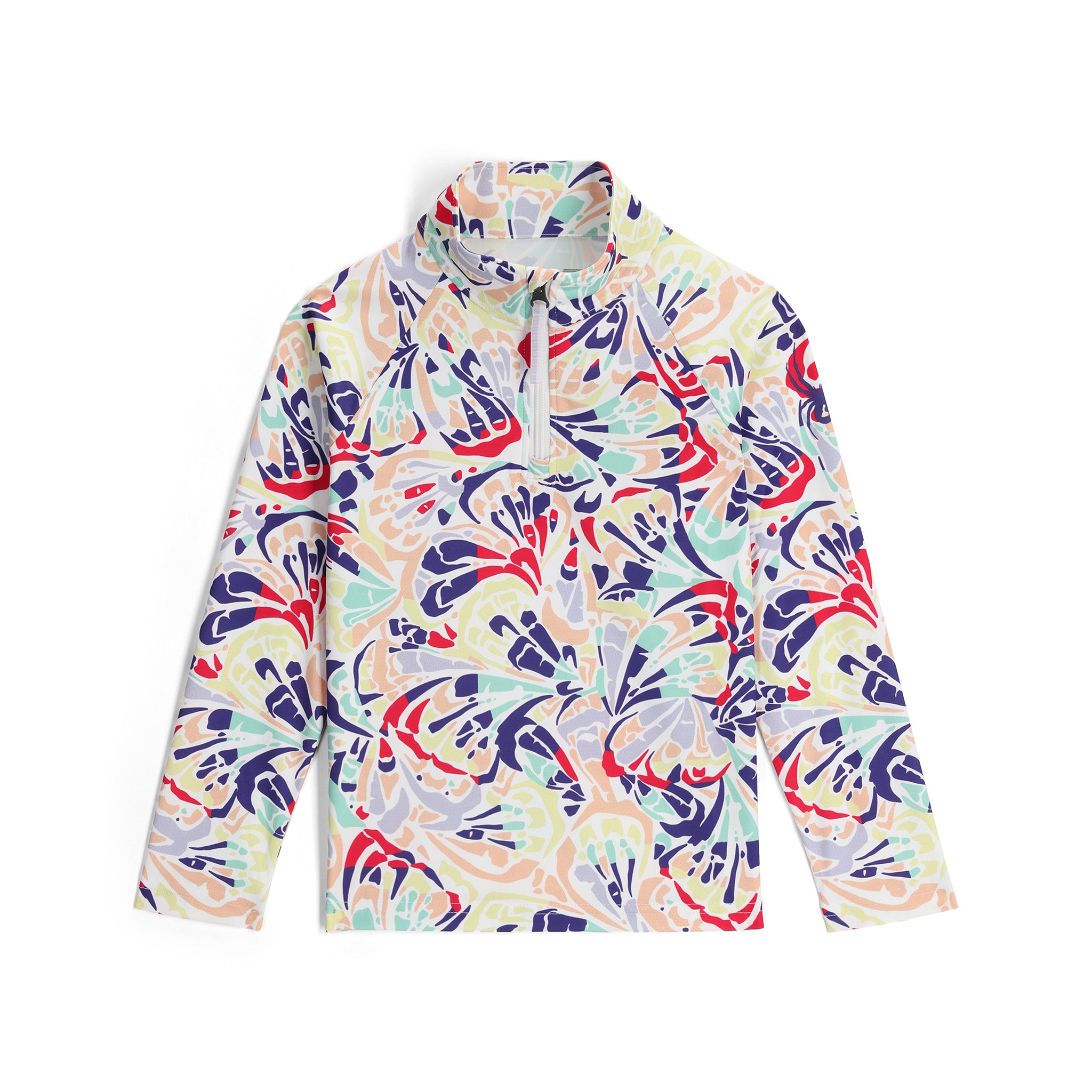 Spyder Girls' Reflect 1/2 Zip Top 2025 - A white top with a colorful abstract pattern of red, blue, green, and yellow shapes.