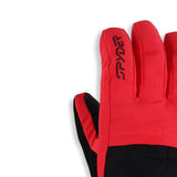 Spyder Girl's Synthesis Ski Gloves 2025 - A pair of red gloves with black accents and a textured palm, featuring a distinctive "spyder" logo on the back of one glove.