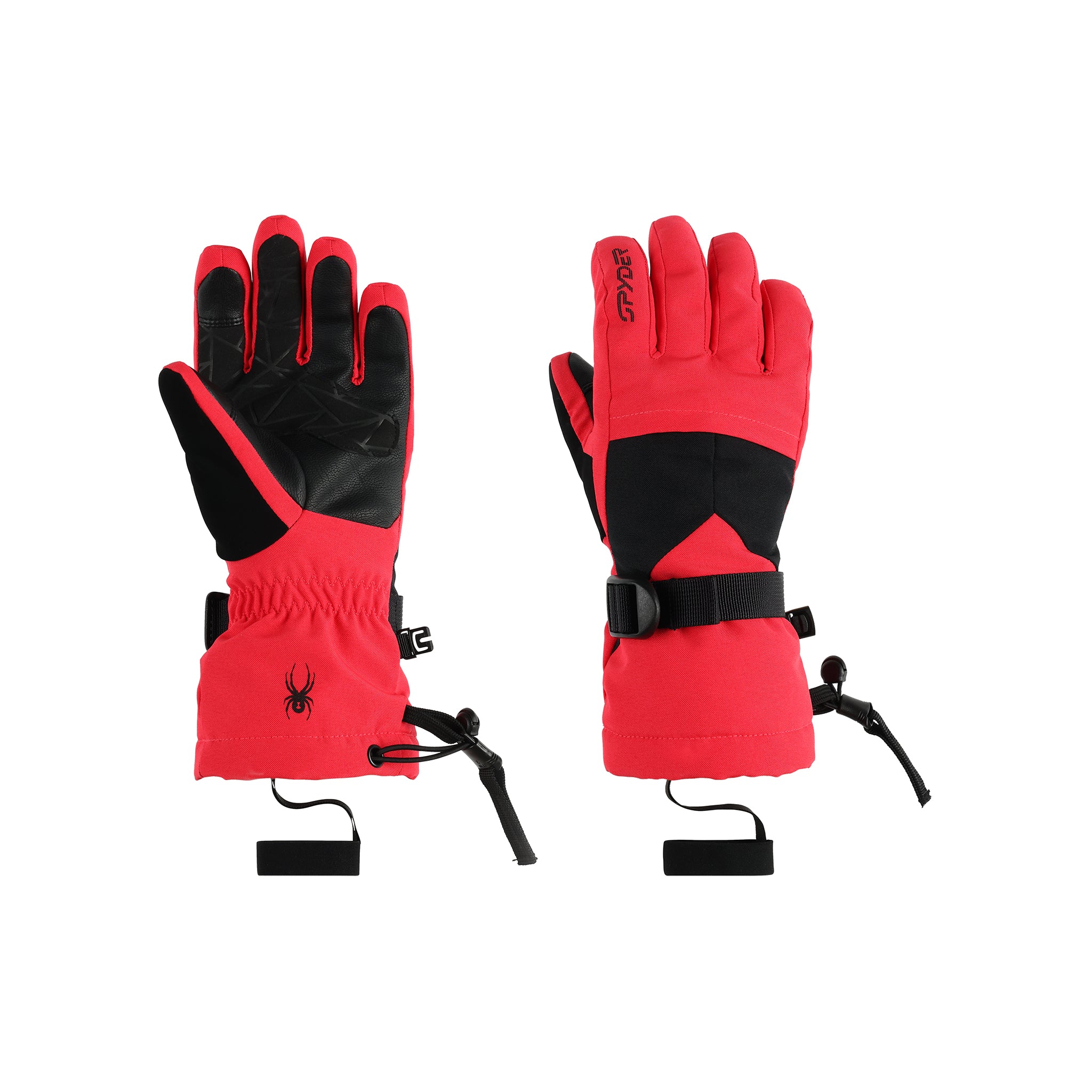 Spyder Girl's Synthesis Ski Gloves 2025 - A pair of red gloves with black accents and a black strap on the wrist.