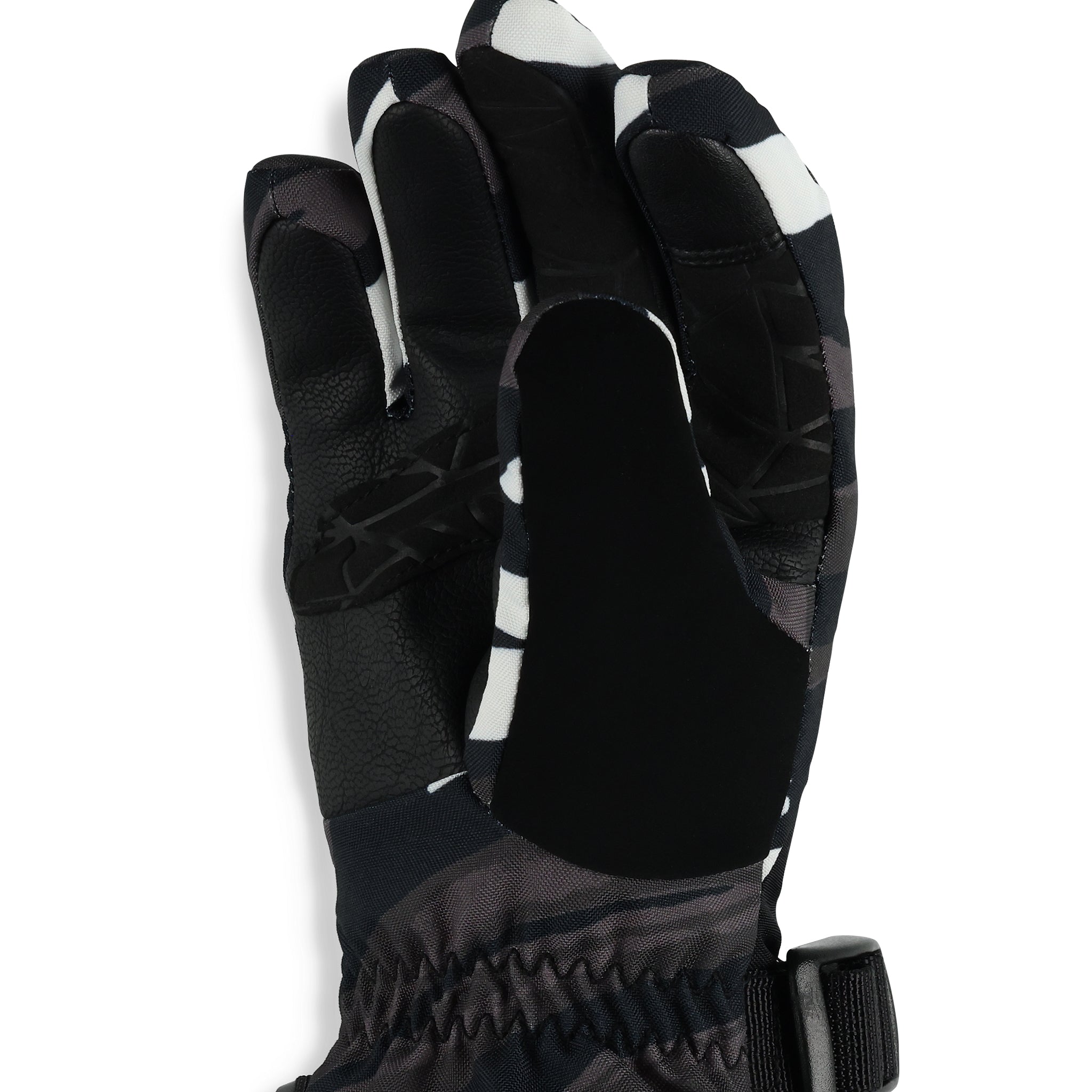 Spyder Girl's Synthesis Ski Gloves 2025 - A pair of black gloves with a white logo on the wrist and a textured palm.