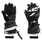 Spyder Girl's Synthesis Ski Gloves 2025 - A pair of black and white gloves with a camouflage pattern, featuring a strap on the wrist.