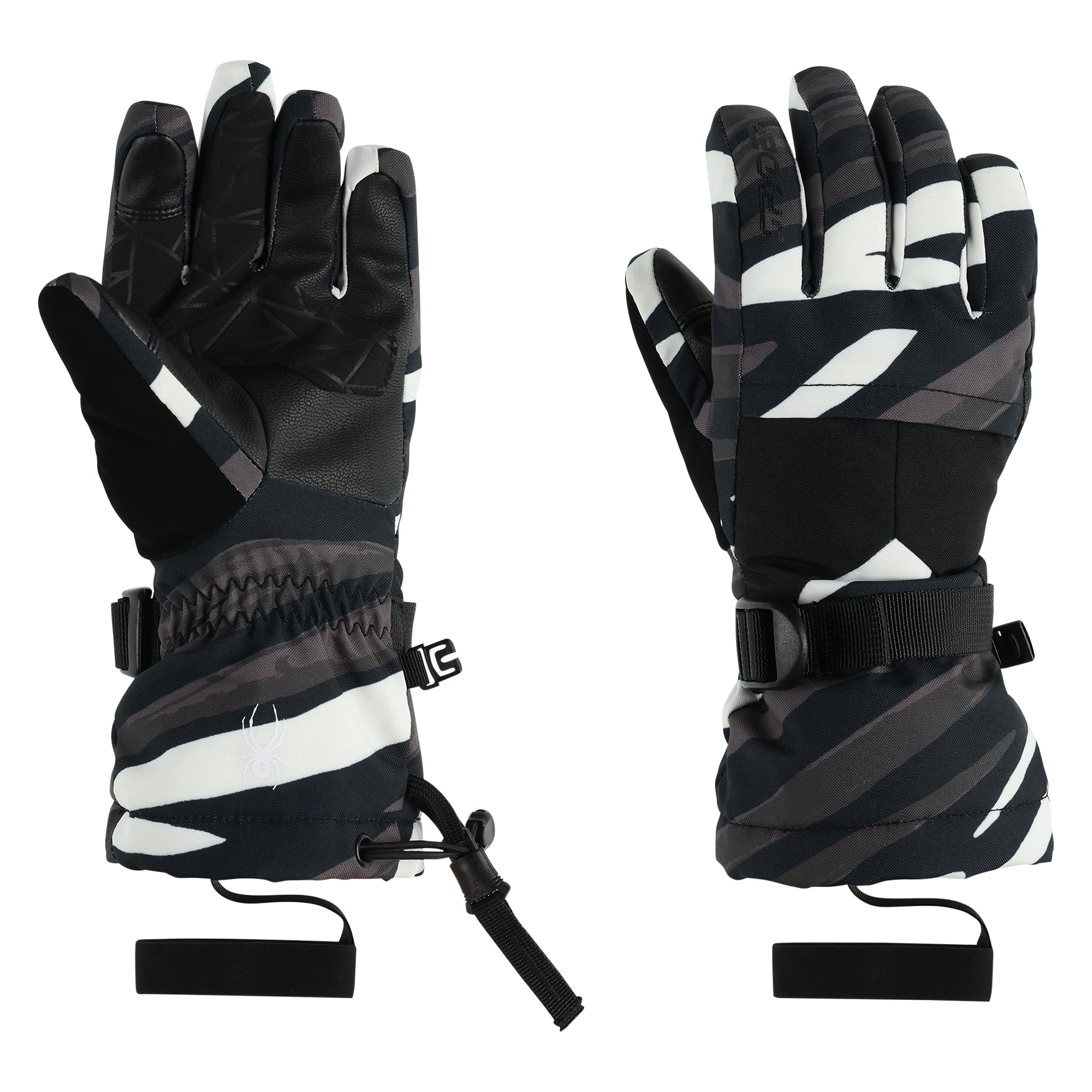 Spyder Girl's Synthesis Ski Gloves 2025 - A pair of black and white gloves with a camouflage pattern, featuring a strap on the wrist.