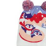 Spyder Girls' Penguin Double Pom Hat 2025 - A blue hat with a penguin design and two large pom-poms on top.