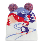 Spyder Girls' Penguin Double Pom Hat - A blue hat with a penguin design and two large pom-poms on top.