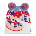 Spyder Girls' Penguin Double Pom Hat 2025 - A light blue hat with a penguin design and two large pom-poms on top.