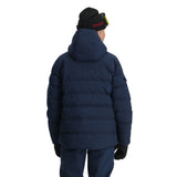 Spyder Bromont Insulated Jacket 2025 - A navy blue jacket with a hood, featuring a zippered front and two side pockets.
