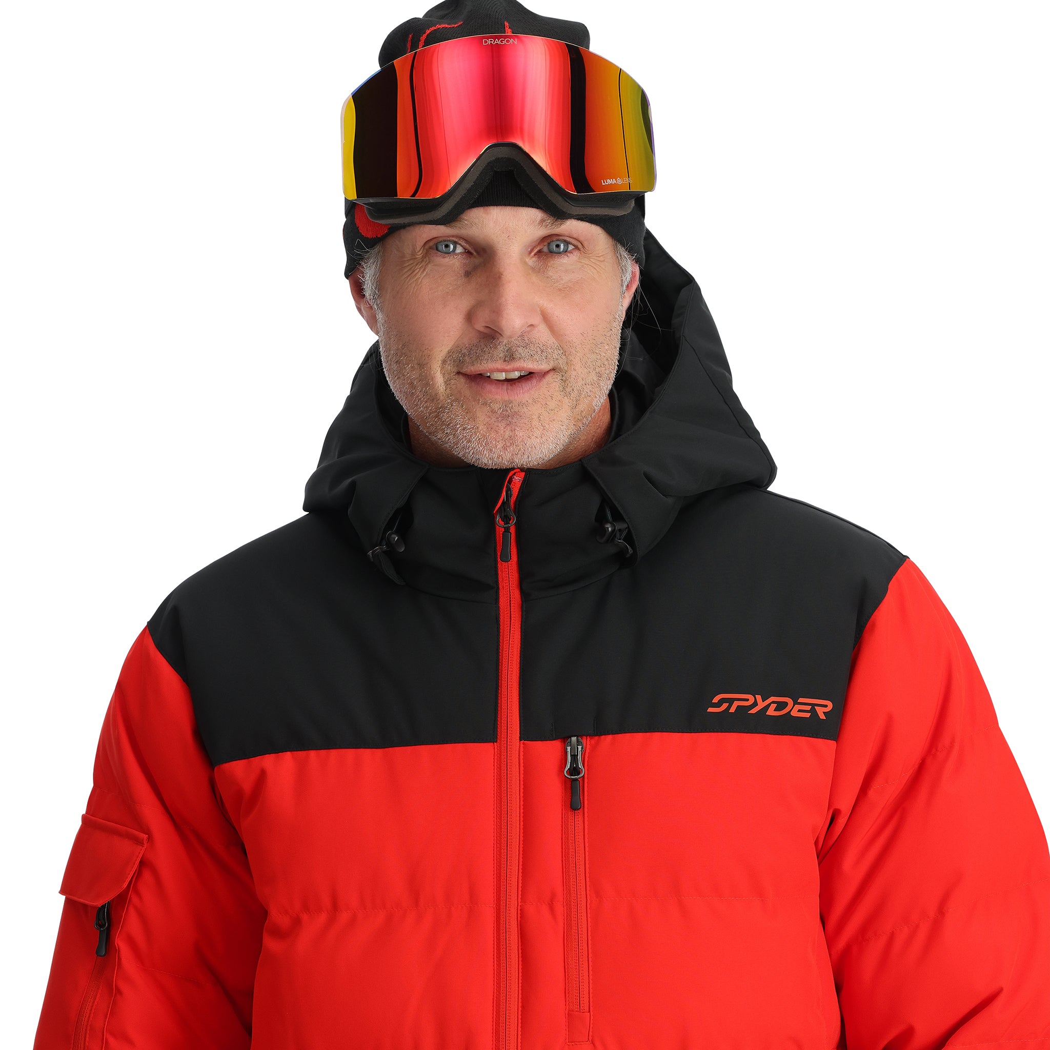 Spyder Bromont Insulated Jacket 2025 - A black jacket with a white logo on the left chest and a red zipper pull.