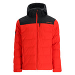 Spyder Bromont Insulated Jacket 2025 - A red insulated jacket with a black chest panel and hood, featuring a zippered front and two side pockets.