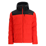 Spyder Bromont Insulated Jacket 2025 - A red insulated jacket with a black chest panel and hood, featuring a zippered front and two side pockets.