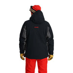 Spyder Vertex Insulated Jacket 2025 - A black jacket with gray accents and a hood, featuring a prominent "SPYDER" logo on the back in red.