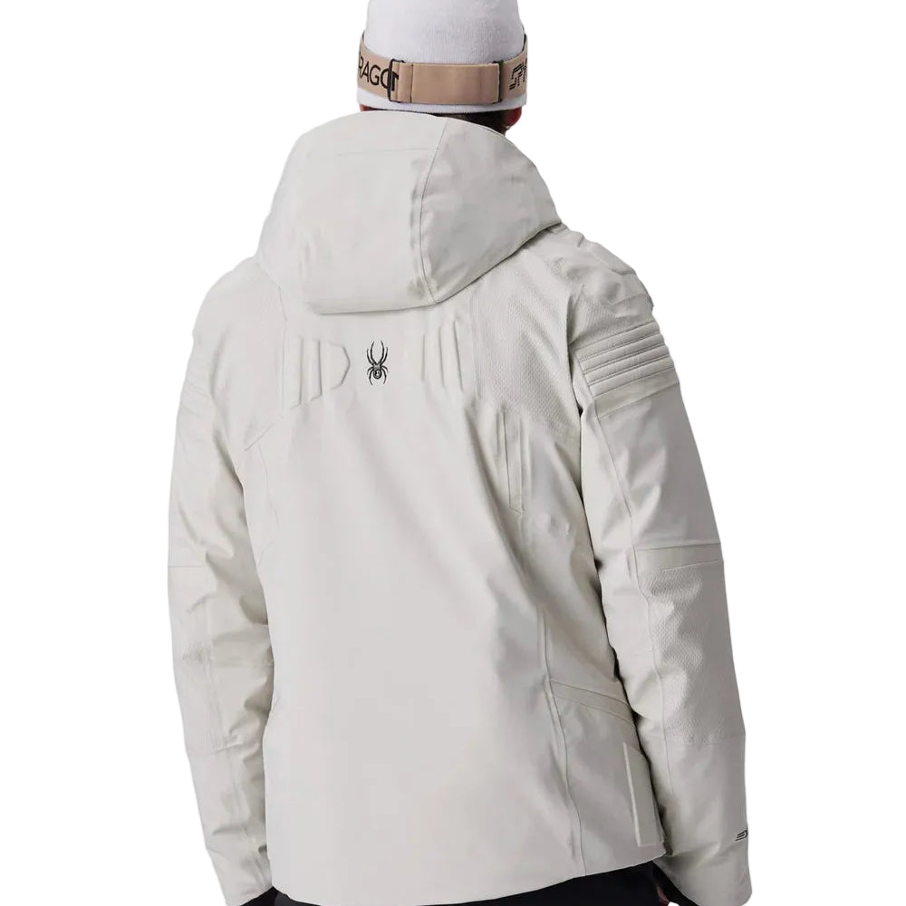 Light grey insulated ski jacket with hood, back view, zipper pockets and panel seams.