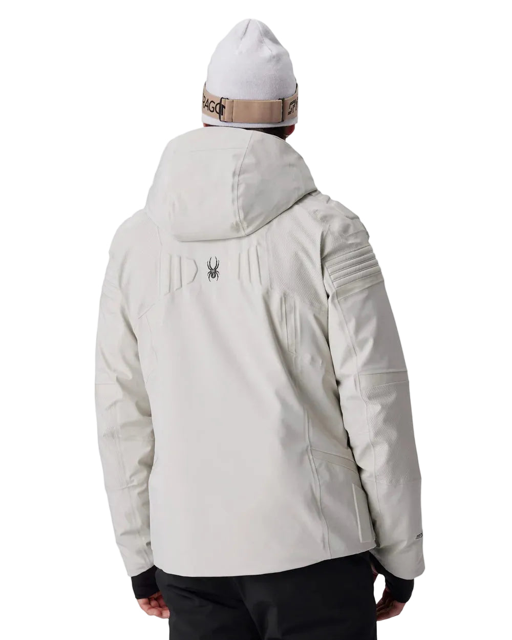 Light grey insulated ski jacket with hood, back view, zipper pockets and panel seams.