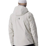 Light grey insulated ski jacket with hood, back view, zipper pockets and panel seams.