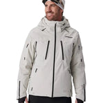 Light grey insulated ski jacket with hood, full front zipper, front pockets, Spyder logo.