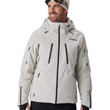 Light grey insulated ski jacket with hood, full front zipper, front pockets, Spyder logo.