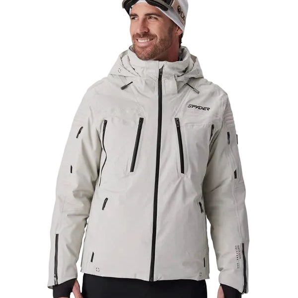 Light grey insulated ski jacket with hood, full front zipper, front pockets, Spyder logo.