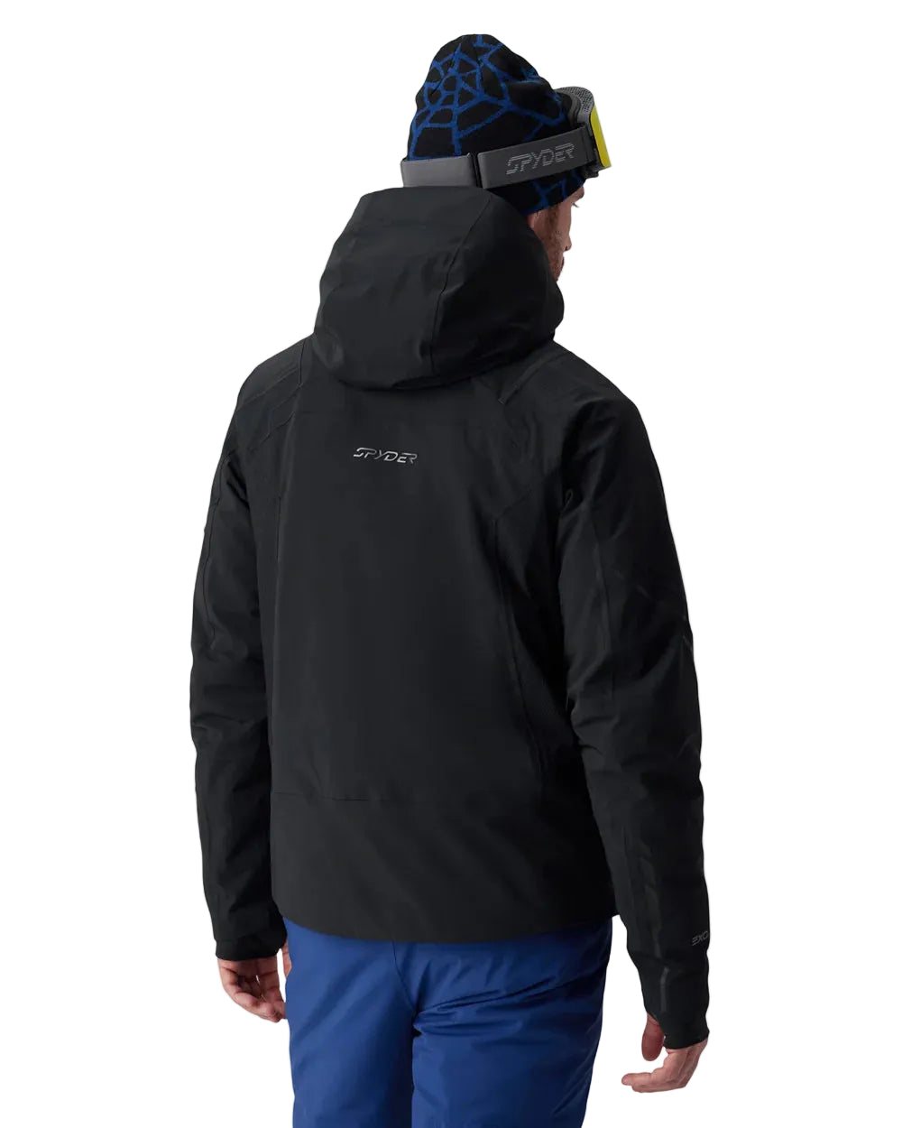 Black hooded insulated ski jacket with back branding and full-length zipper