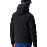 Black hooded insulated ski jacket with back branding and full-length zipper