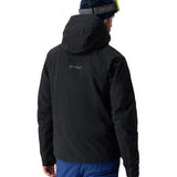 Black hooded insulated ski jacket with back branding and full-length zipper