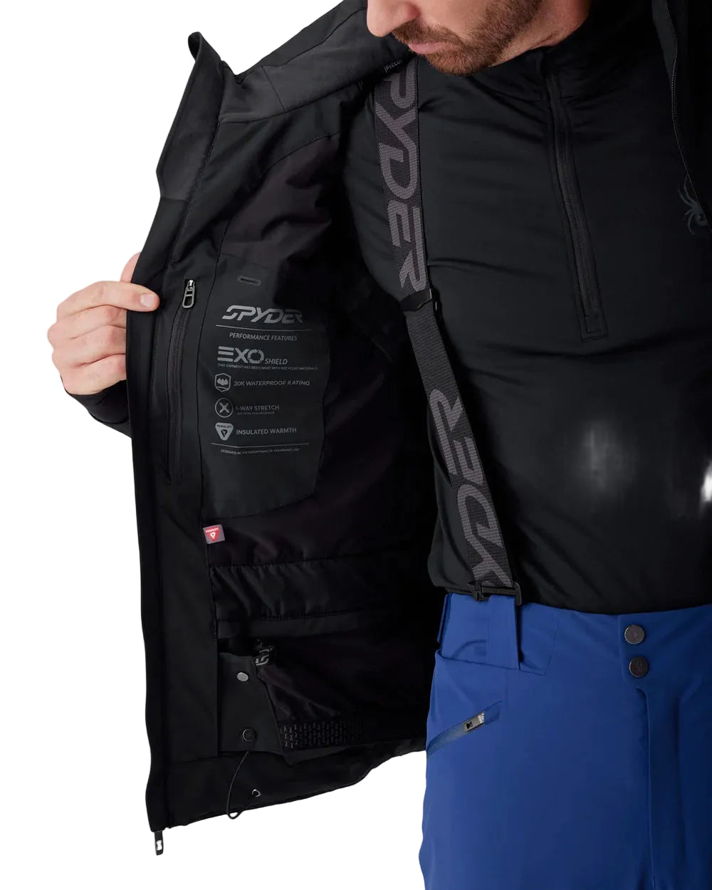 Black insulated jacket with front zip, open interior showing EXO label and pocket