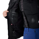 Black insulated jacket with front zip, open interior showing EXO label and pocket