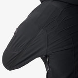 Black insulated jacket sleeve with textured side panel and small zipper detail
