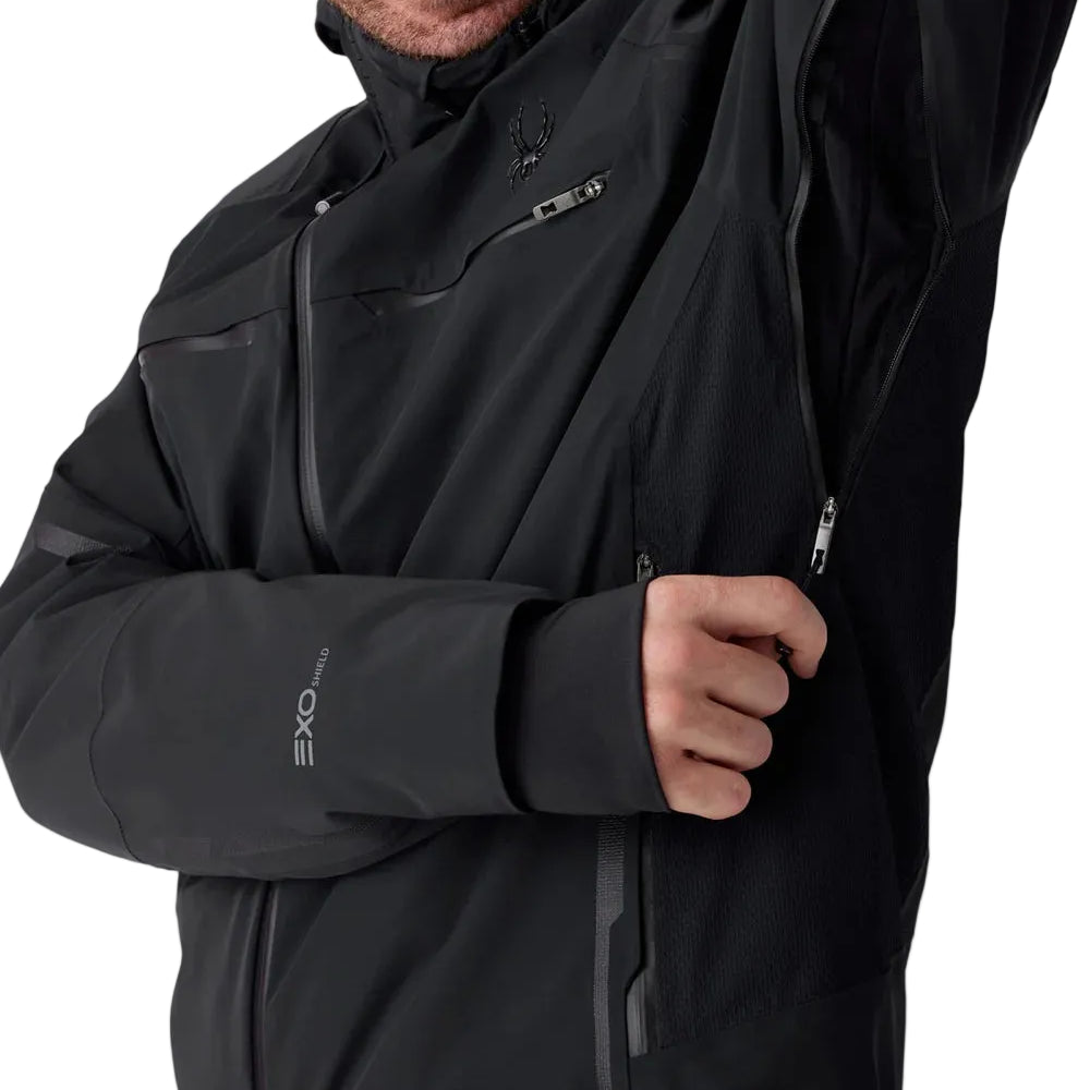 Black insulated jacket with front zipper, chest pocket, and articulated sleeve