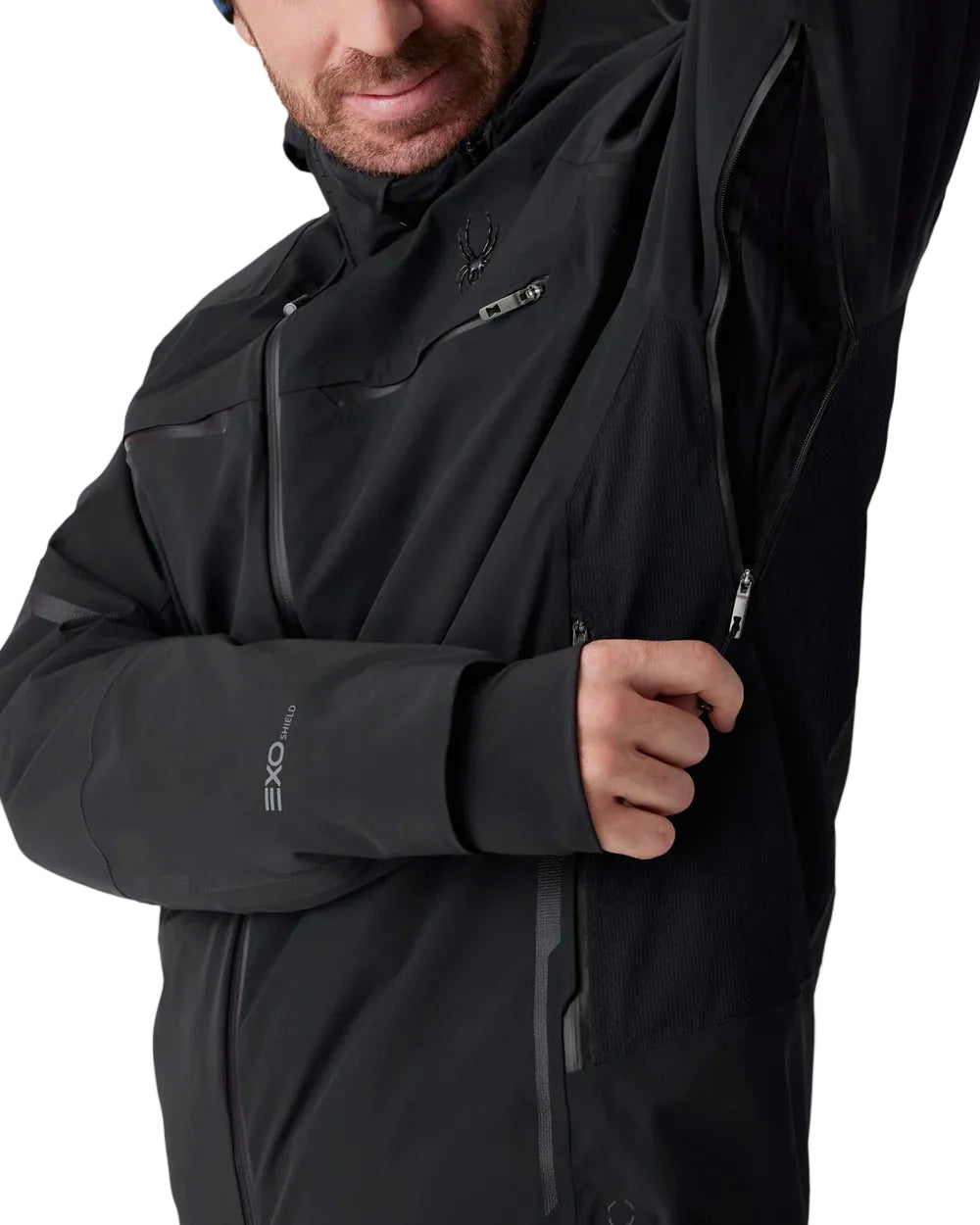 Black insulated jacket with front zipper, chest pocket, and articulated sleeve