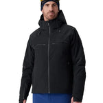 Black hooded insulated ski jacket with full front zipper and zip chest pockets