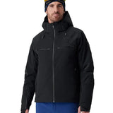 Black hooded insulated ski jacket with full front zipper and zip chest pockets