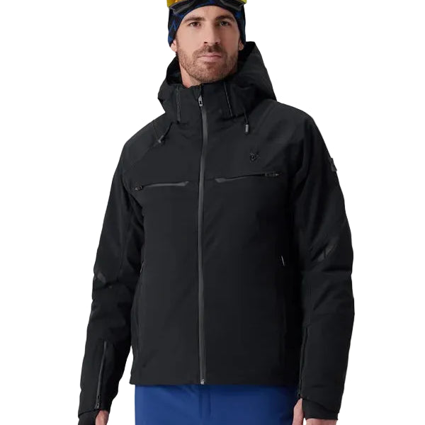 Black hooded insulated ski jacket with full front zipper and zip chest pockets