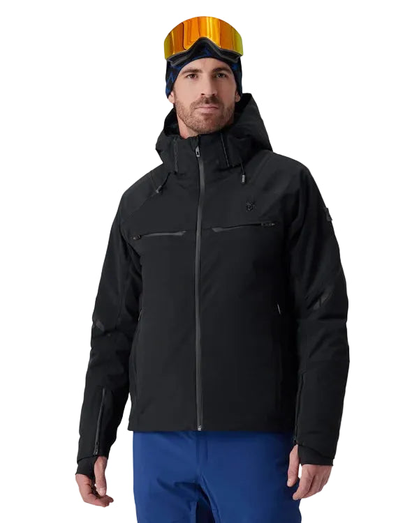 Black hooded insulated ski jacket with full front zipper and zip chest pockets