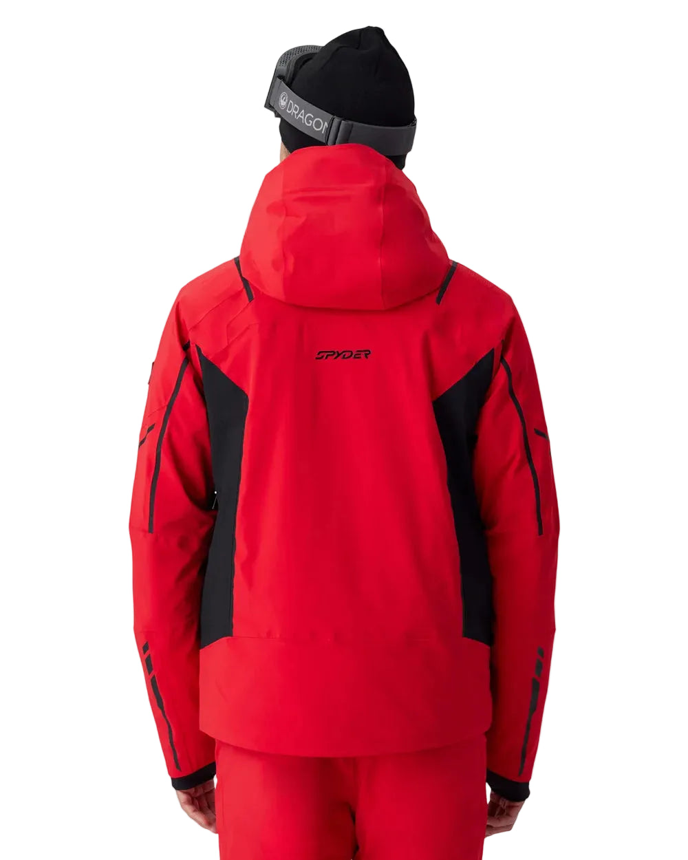 Red hooded insulated ski jacket with black side panels and full back view