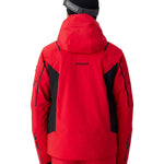 Red hooded insulated ski jacket with black side panels and full back view
