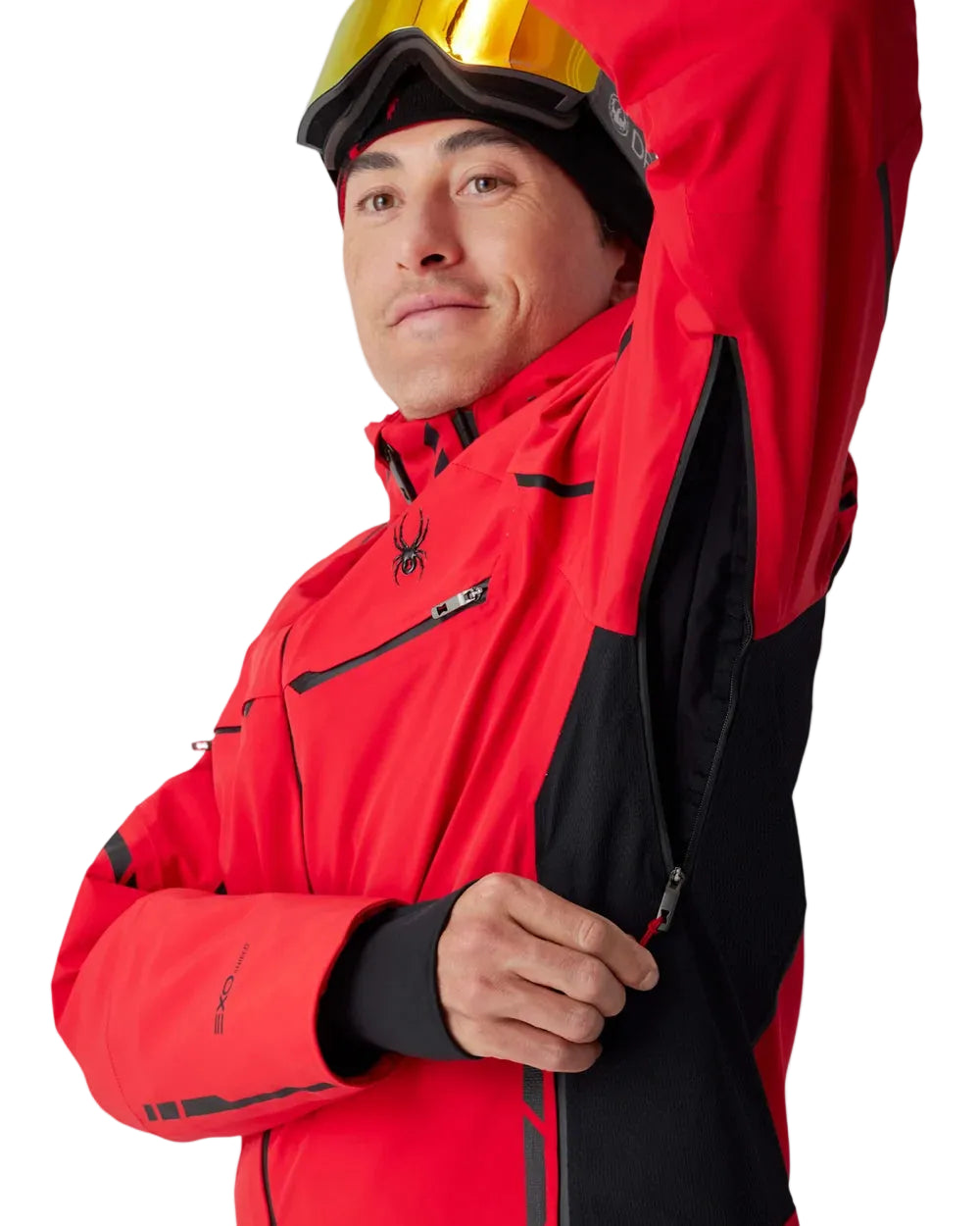 Red insulated ski jacket with black trim, hood up, and front zip