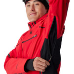 Red insulated ski jacket with black trim, hood up, and front zip