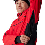 Red insulated ski jacket with black trim, hood up, and front zip
