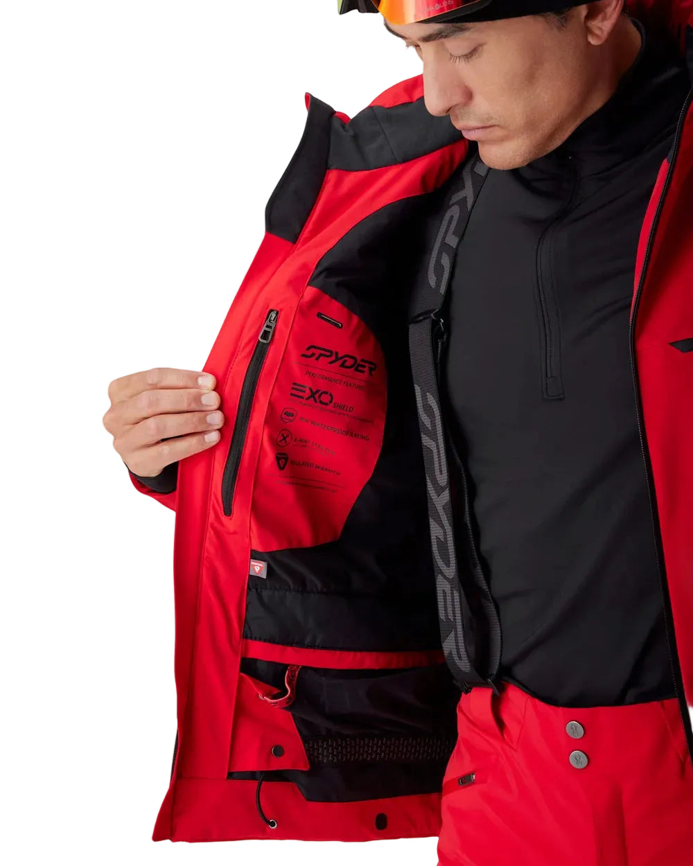 Red and black hooded insulated jacket, open front with interior EXO label visible
